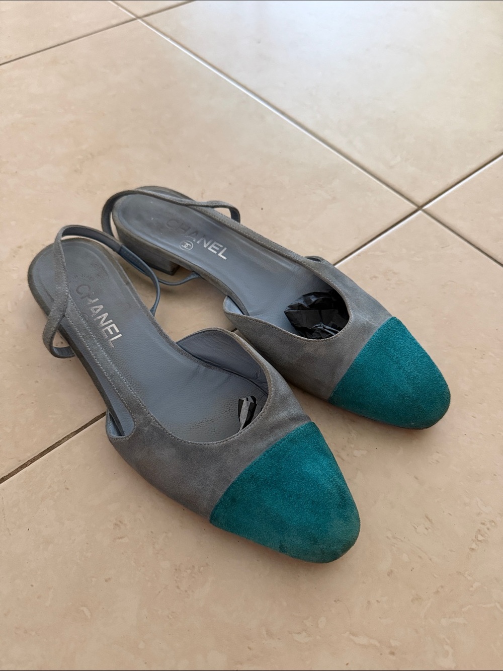 Chanel Suede Slingback Flats with Teal Toe Cap